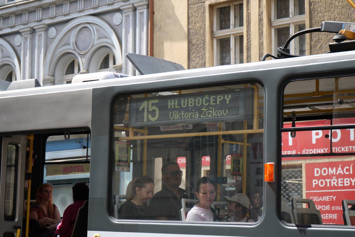 side of tram with non-emissive tram line designator display
