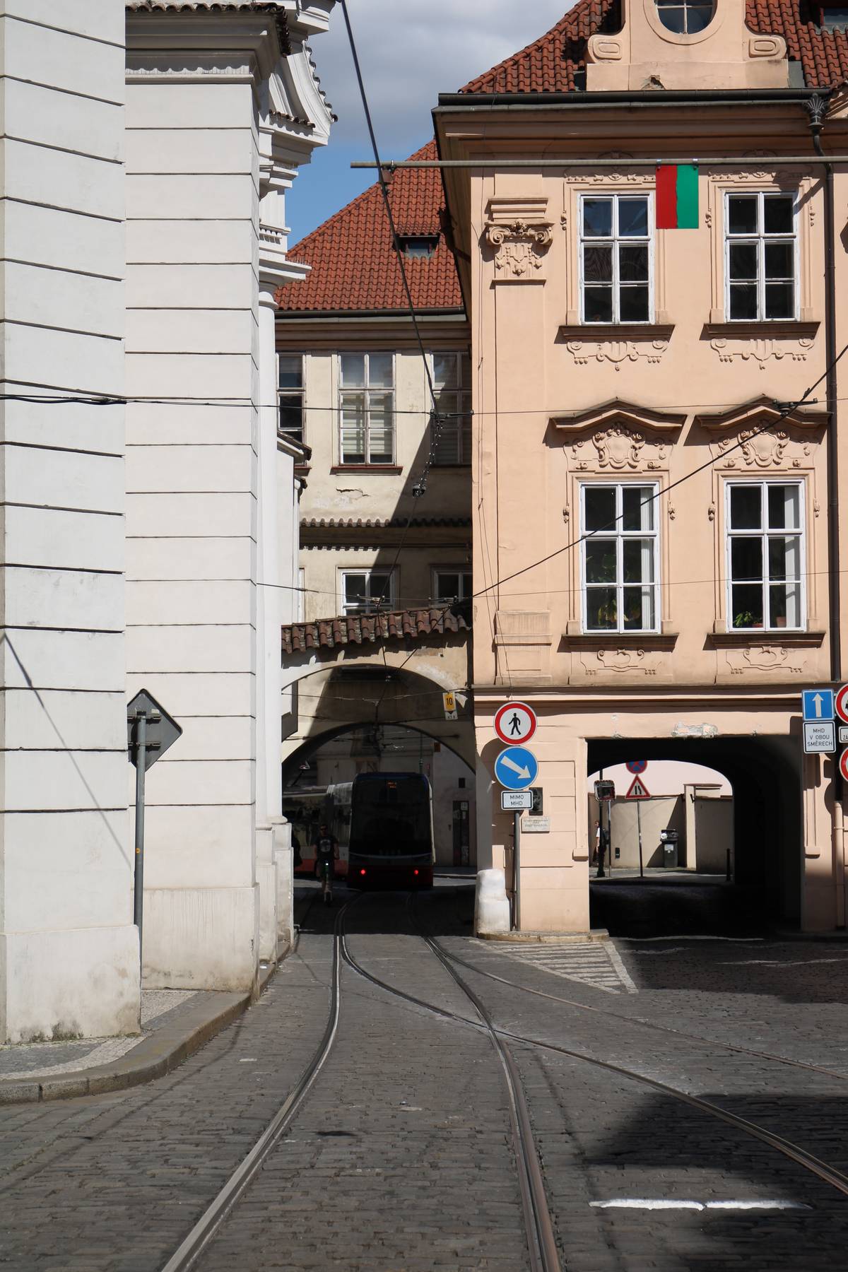 tram under building